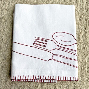 White cotton muslin kitchen tea towel red embroidery finishes country farmhouse